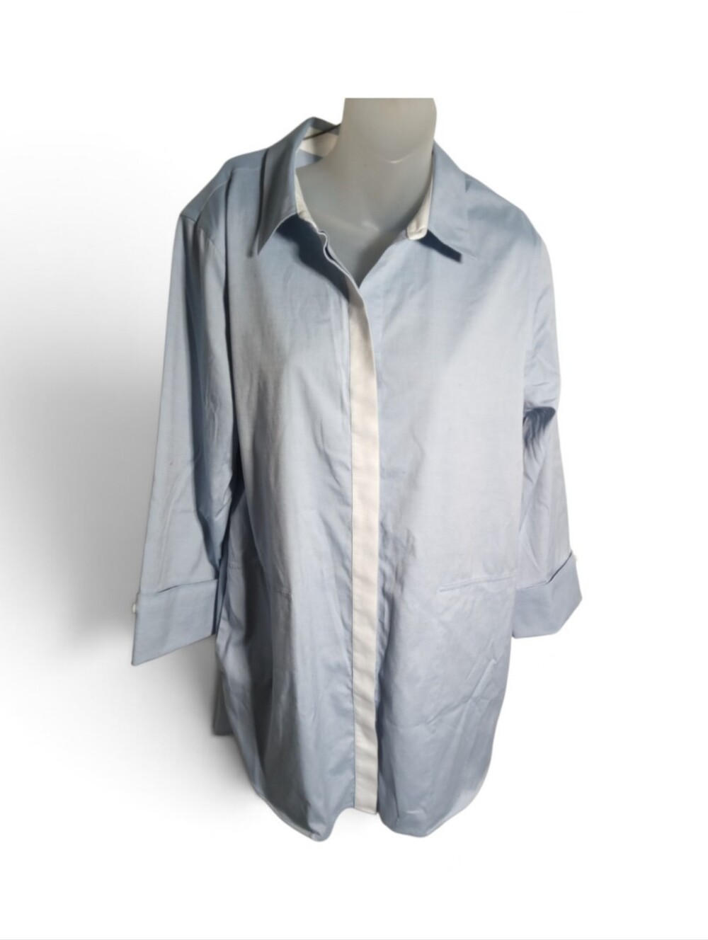 Chico’s Blue Pinstripe Shirt Dress Button Front 3/4 Sleeve Tunic Pockets Sz 2/L